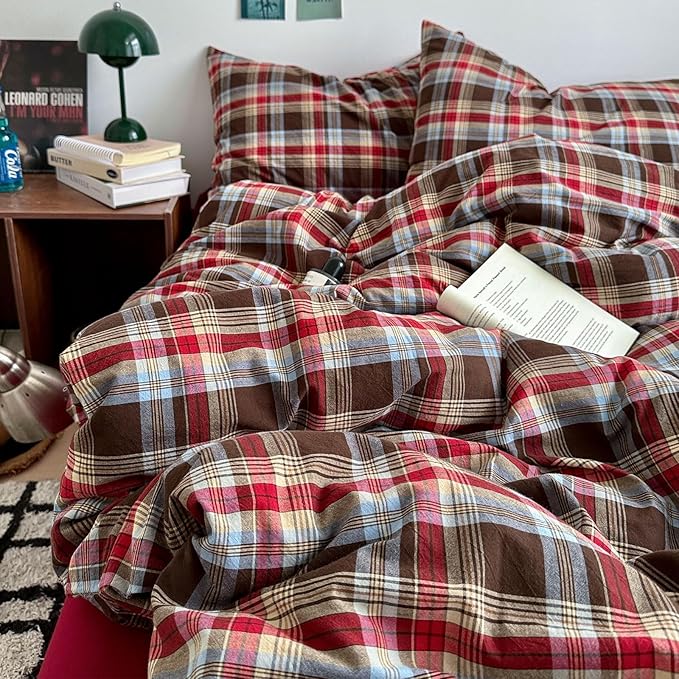 VM VOUGEMARKET Buffalo Gingham Duvet Cover Set Queen,3 Pieces Washed Cotton Bedding Set,Breathable Luxury Plaid Duvet Cover with Zipper Closure(Red&Brown)