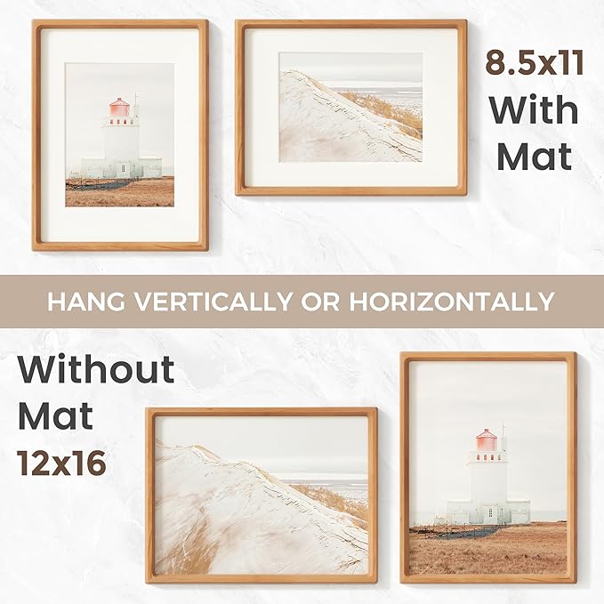 12x16 Picture Frame, USA-Sourced Natural Cherry Wood Photo Frame with Tempered Glass, Handcrafted Rounded Corner 12 x 16 Wooden Frame Matted to 8.5x11 Photos, Horizontal or Vertical Wall Mounting
