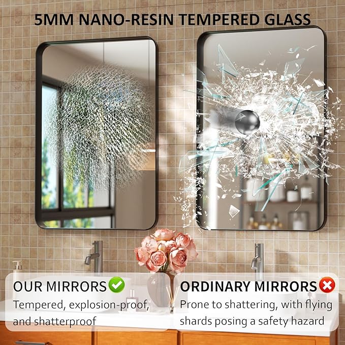 24×36 Black Bathroom Mirrors for Over Sink - Rectangular Wall Mirror with Rounded Corners & Metal Frame, Tempered-Glass Entryway Wall Decor for Bedroom, Living Room, Vanity, Horizontal/Vertical