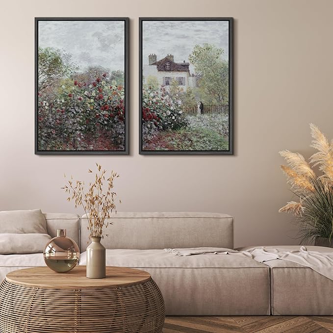 MUDECOR Framed Canvas Print Wall Art Blooming Garden and Cottage Romantic Floral Landscape Nature Wilderness Illustrations Realism Decorative Scenic for Living Room, Bedroom, Office - 24"x36"x2 Black