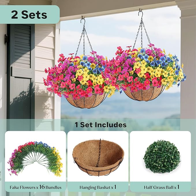 2 Set Outdoor Artificial Hanging Baskets, UV Resistant Faux Fake Hanging Flowers Plants Planters for Spring Summer Front Porch Patio Yard Garden Home Decor (Purple, Yellow, Hot Pink, Blue)