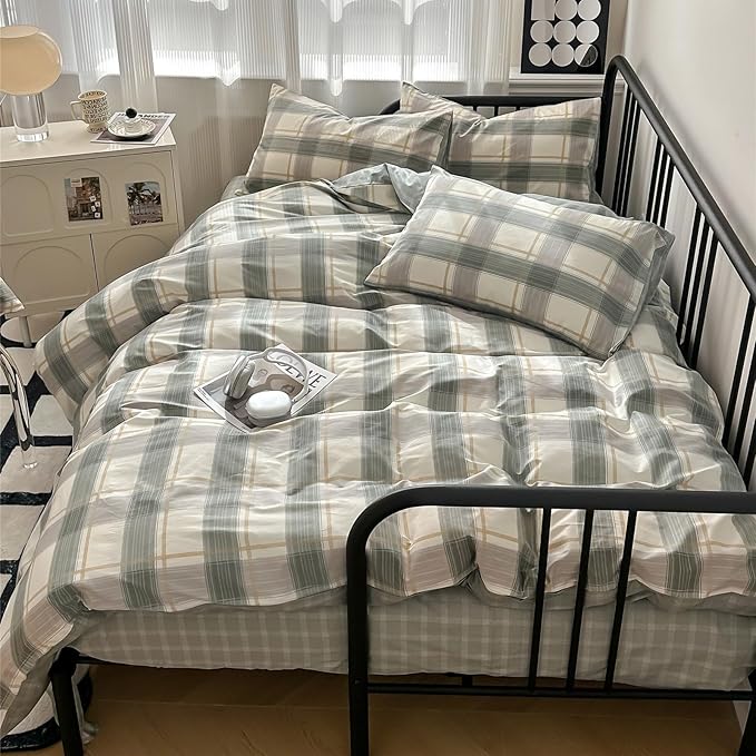 VM VOUGEMARKET Teen Boys Plaid Duvet Cover Set Twin XL Simple Farmhouse Style Cotton Green Buffalo Plaid Gingham Bedding Set 1 Duvet Cover with 2 Pillowcases