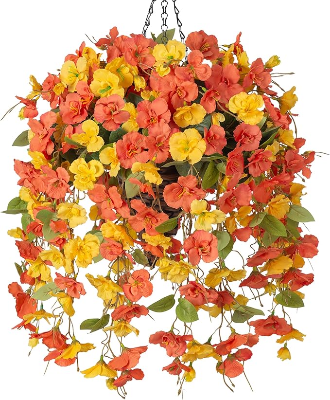 Ivydale Artificial Hanging Flowers Fake Plants with Basket for Outdoors Fall Decoration, Faux Hibiscus Long Vines Realistic Silk Flowers for Planters Outside Home Patio Porch Balcony, YellowOrange