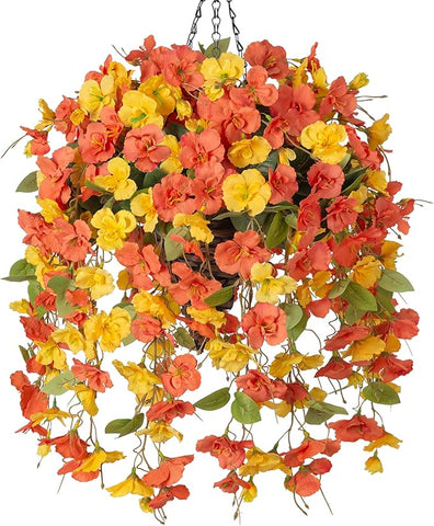 Ivydale Artificial Hanging Flowers Fake Plants with Basket for Outdoors Fall Decoration, Faux Hibiscus Long Vines Realistic Silk Flowers for Planters Outside Home Patio Porch Balcony, YellowOrange