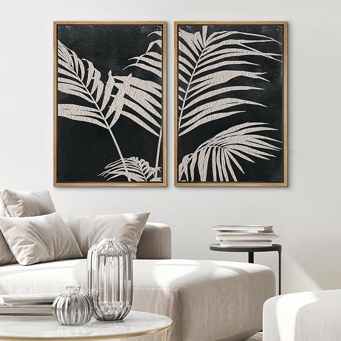 SIGNWIN Framed Canvas Print Wall Art Palm Leaf Print, Minimalist Wall Art, Black White Wall Art Prints for Living Room, Bedroom, Office - 24"x36"x2 Natural