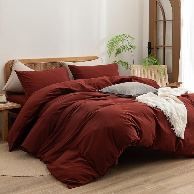 BESTOUCH Duvet Cover Set 100% Washed Cotton Linen Feel Super Soft Comfortable Chic Lightweight 3 PCs Home Bedding Set Solid Fired Brick Red Full/Double