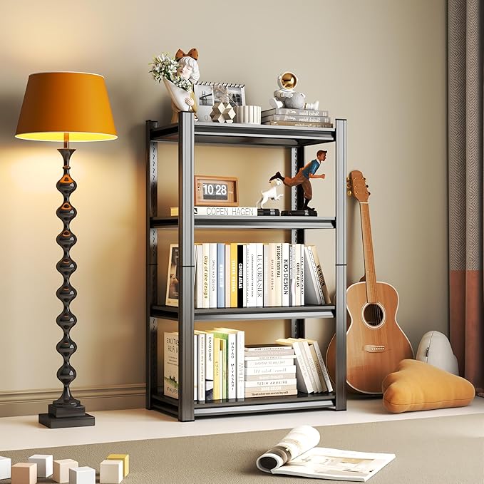 Tall Bookshelf with Open Shelves, Metal Office Book Shelf, Adjustable Organizer Bookcase, Standing Storage Organizer Shelf for Living Room (27.6" W*13.8" D*44" H)