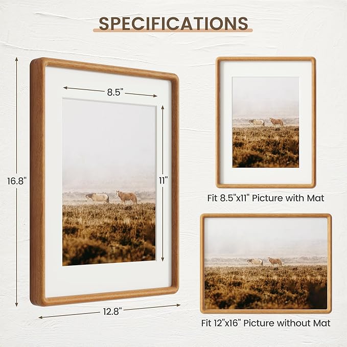 12x16 Picture Frame, Solid Teak Wood Frame with Real Glass, Hard Wood 12 by 16 Photo Frame for Wall & Tabletop Display, 12x16 Picture Frame Matted to 8.5x11, Natural Teak Color