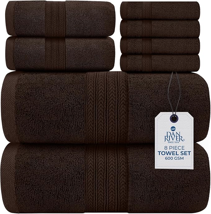 DAN RIVER 8 PC Luxury Bath Towels for Bathroom, 2 Bath, 2 Hand, and 4 Wash Cloths, 600 GSM 100% Ring Spun Cotton Towel Set, Highly Absorbent, Gym, Hotel, and Spa, Brown