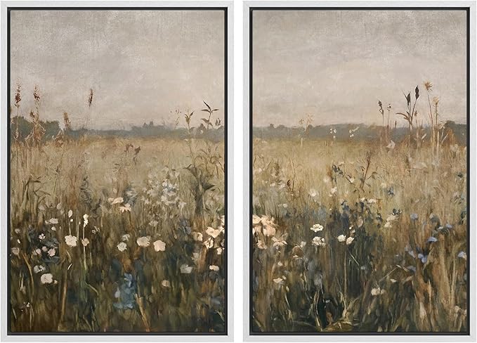 MUDECOR Framed Canvas Print Wall Art Set Golden Meadow Wildflowers Rustic Floral Field Landscape Illustrations Modern Art Decorative Bohemian Zen for Living Room, Bedroom, Office - 16"x24"x2 White
