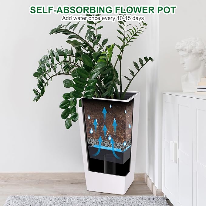 GAOMON 30" Tall Planter Set of 2,Heavy Duty Tall Planter,High Front Porch Planter Pots with Drainage Holes＆Water Level Monitor＆Inner Bucket, Automatic Watering,Indoor/Outdoor Grande Plant,Tree,White…