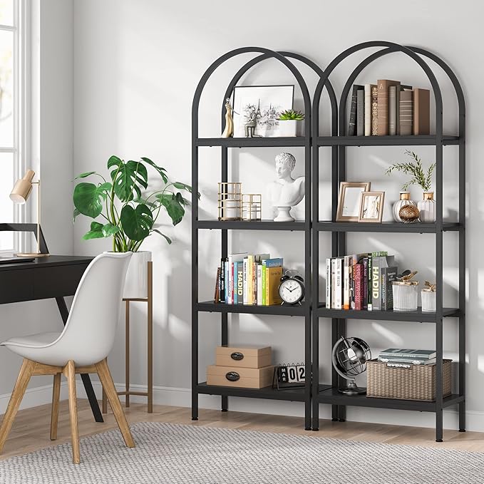 Tribesigns 4-Tier Open Bookshelf Set of 2, 70.8" Industrial Wood Bookcase with Metal Frame, Freestanding Display Rack Tall Shelving Unit for Office, Bedroom (Black, 2PCS)