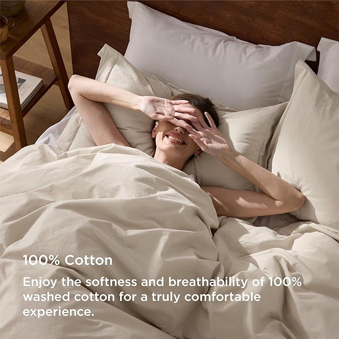 Bedsure 100% Washed Cotton Duvet Cover Oversized King - Greige Minimalist Cotton Duvet Cover Linen Like for All Seasons - GentleSoft™ Plain Simple Bedding, 3 Pieces (Greige, Oversized King, 120"x98")