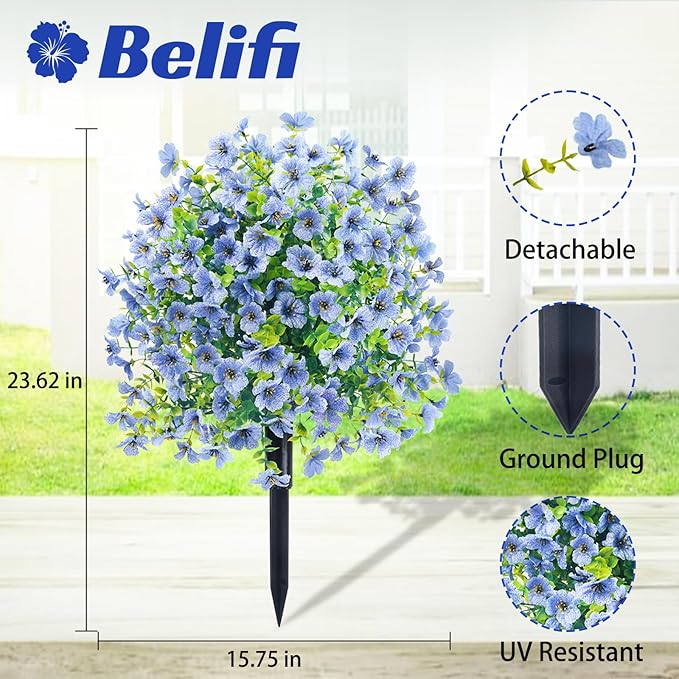 Front Porch Decor Artificial Flower Tree 2Pcs Blue - Realistic Faux Flowers for Outdoor Planters with Ground Spike, Indoor Staircase Landings or Outdoor Porch Decor