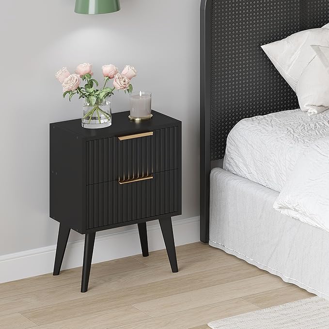 Fluted Nightstand with 2 Drawers,Modern Bedside Table with Metal Handles,White Side Table with Solid Wood Legs,Mid Century End Table for Living Room,Bedroom,Black CTG55BK