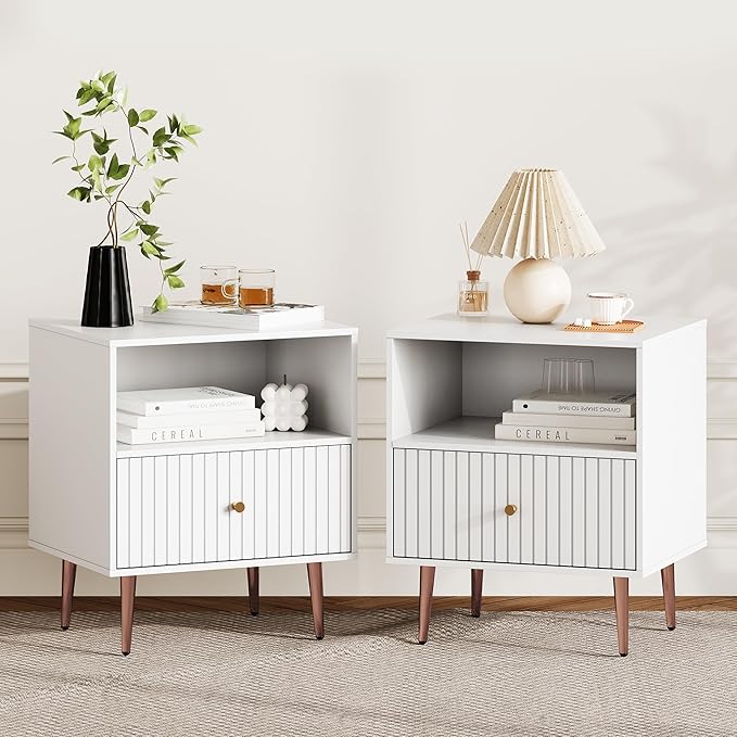 White Night Stand Set 2,Modern Bedside Table with Door and Open Storage,Fluted Nightstand and Wood End Side Table with Rose Gold Metal Legs and Handles for Bedroom,Living Room,White