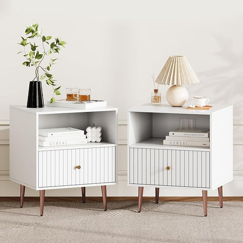White Night Stand Set 2,Modern Bedside Table with Door and Open Storage,Fluted Nightstand and Wood End Side Table with Rose Gold Metal Legs and Handles for Bedroom,Living Room,White