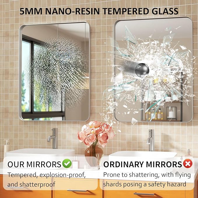 22×30 Silver Bathroom Vanity Mirror for Over Sink - Rectangle Framed Mirrors for Wall with Tempered Glass & Rounded Corners for Bedroom, Living Room, Horizontal/Vertical, Modern Farmhouse