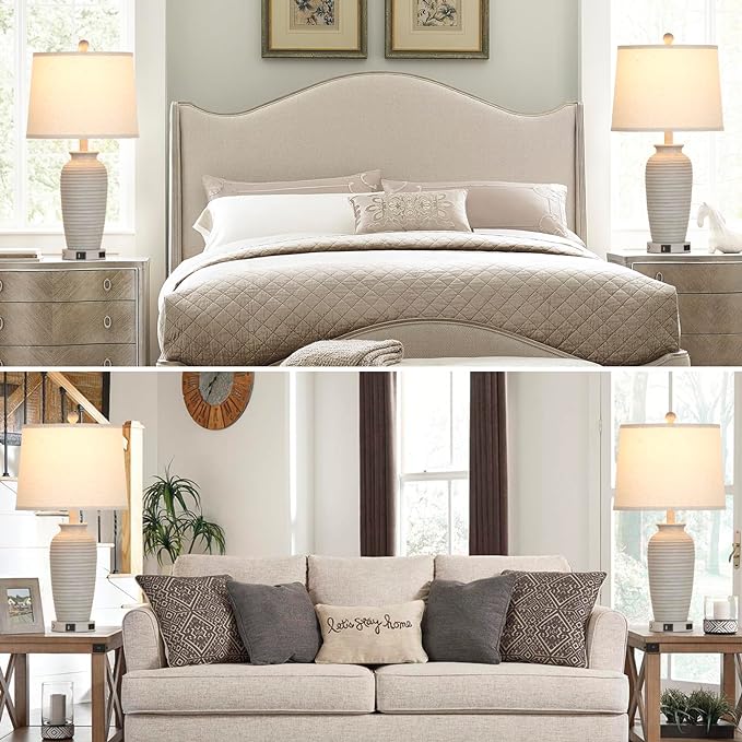 25" Farmhouse Jar Table Lamps Set of 2, 3 Way Touch Control Rustic Bedside Lamps with USB A+C Ports & AC Outlet, Pot Nightstand Lamps for Bedroom Living Room (LED Bulbs Included)
