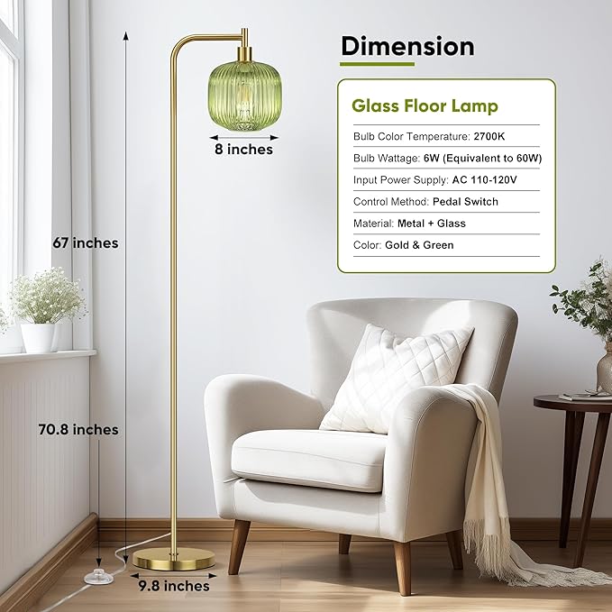 QiMH Glass Floor Lamp for Living Room, Modern Standing Lamp with Ribbed Glass Lampshade Pedal Switch, 67” Tall Lamp for Bedroom Study Room, Brushed Gold (2700K LED Bulb Included)