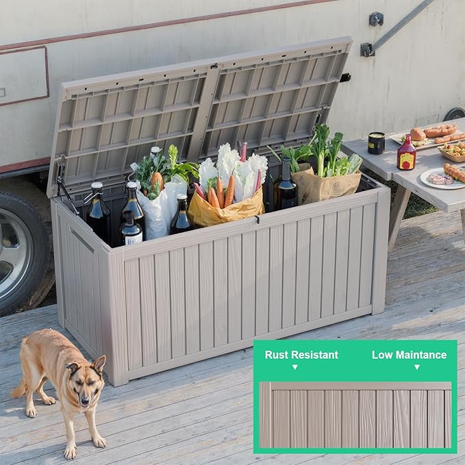 180 Gallon Large Deck Box,Resin Outdoor Storage Box with Lockable for Patio Furniture, Garden Tools Waterproof Outside Storage Box, (Grey)