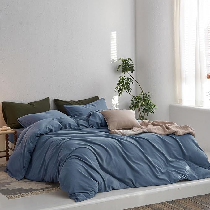 MooMee Twin Duvet Cover Set, 100% Washed Cotton Linen Twill Thick Sturdy Material Super Soft Breathable Durable Bedding for All Season, 2 Pieces (Blue, Twin 68"x90")