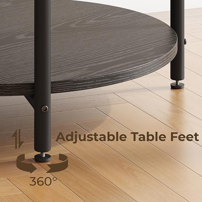 LIKIMIO Round End Table with Charging Station, 23.6" W Wooden Side Table with 2-Tier Storage, Modern Nightstand for Small Spaces, Living Room, Bedroom, Black