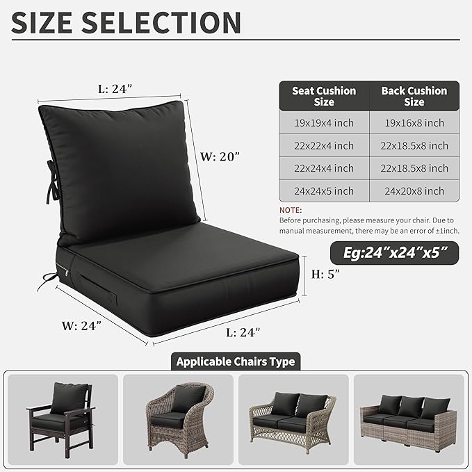 Premium Outdoor Seat Cushion Chair Cushions for Patio Furniture 24 L X 24 W X 5 H Waterproof & Fade Resistant Deep Seat and Backrest Cushion Set with Removable Covers for Chair, Sofa