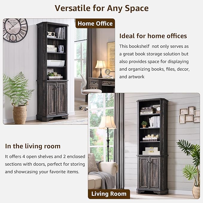 OKD 6-Tier Bookcase with Doors, 72" Tall Farmhouse Bookshelf with Storage & Adjustable Shelves, Wooden Floor Standing Display Book Shelf Organizer for Home Office, Dark Rustic Oak