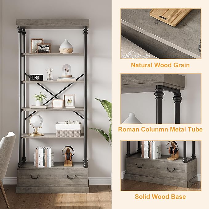 GarveeHome 81.3" Bookshelf with Storage Drawer, Tall Bookcase w/Metal Frame, 5 Tier Vintage Bookshelf Industry Display Storage Shelf for Office Living Room Library Bedroom