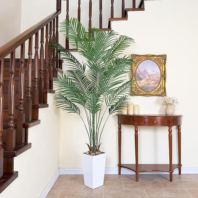 Bellacat UV Resistant 6ft Faux Palm Tree with Tall White Decorative Planter, 72in Artificial Palm Tree with Realistic Leaves & Branches, Fake Palm Tree for Home Office Porch Front Door Patio Decor.