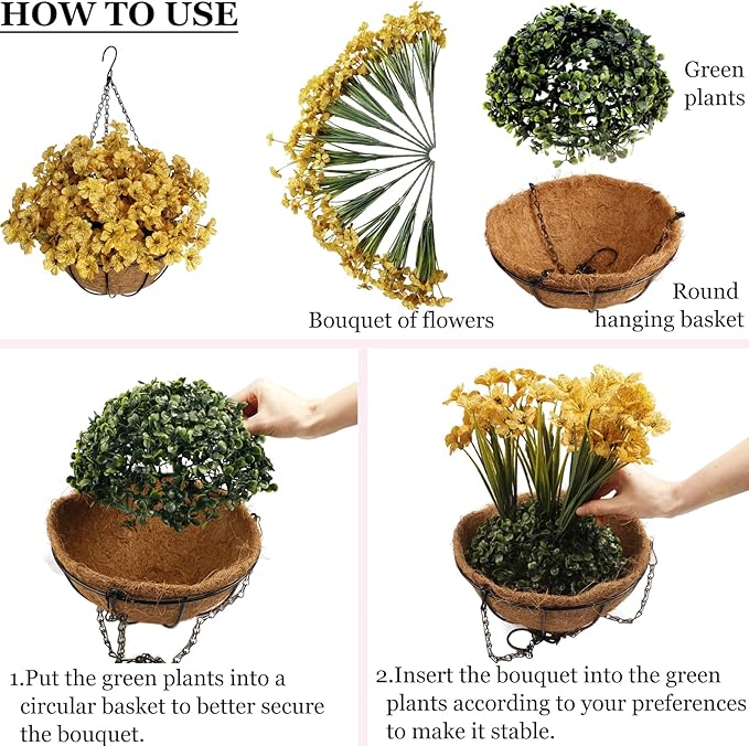 BIHRTC Artificial Hanging Plants Flowers Faux Autumn Yellow Morning Glory Look Real Orange Daisy Flowers Hang Planter for Porch Patio Balcony Home Outside Garden Decoration