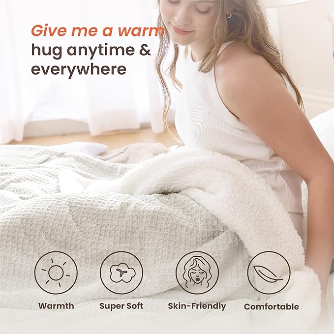 Heated Blanket Electric Blanket Full Waffle,72x84 Inches Sherpa Fleece Fast Heating Blanket 6 Heating Levels & 10 Hours Auto Off ETL Certification,Beige Full