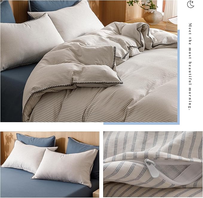 VM VOUGEMARKET Beige Grey Duvet Cover Set with Blue Stripes 3pcs Yarn Dyed Muslin Cotton Vertical Striped Ticking Pattern Bedding Set Without Comforter - Queen Size