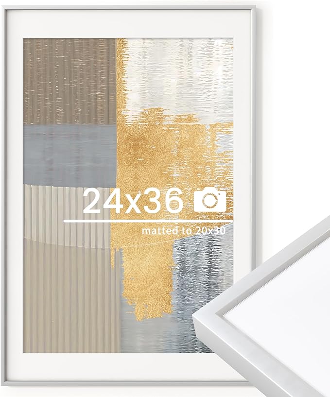 24x36 inch Metal Poster Frame - 24 x 36 Thin Aluminum Picture Frames Matted for 20x30 Photos, Artworks, Prints, Puzzle - High Definition Plexiglass - Vertical and Horizontal Display - Wall Hook Hanging Hardware Included - Silver, Set of 1