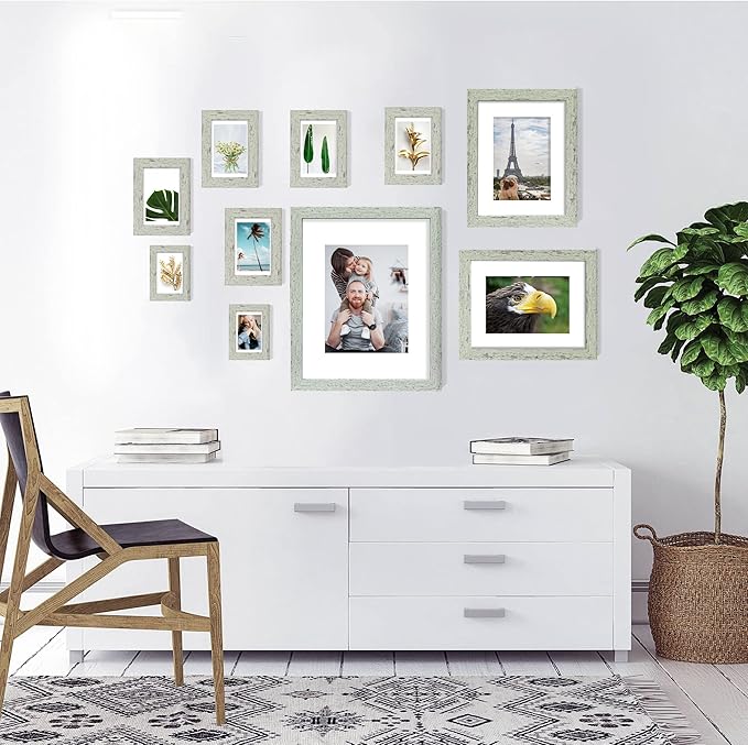 11x14 Picture Frame Set of 2, Made of Real Glass Sage Green Wooden Frame, Display 8x10 Pictures with Mat or 11 x 14 Posters without Mat for Wall Mounting, Gallery Photo Frames