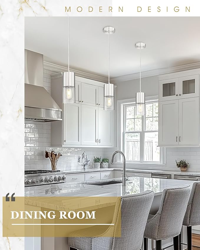 2-Pack Pendant Lights Kitchen Island, Brushed Nickel Hanging Lights Fixtures with Cylinder Clear Glass, Industrial Kitchen Pendant Lighting Over Island for Dining Room, AD-24023-1P2-SN