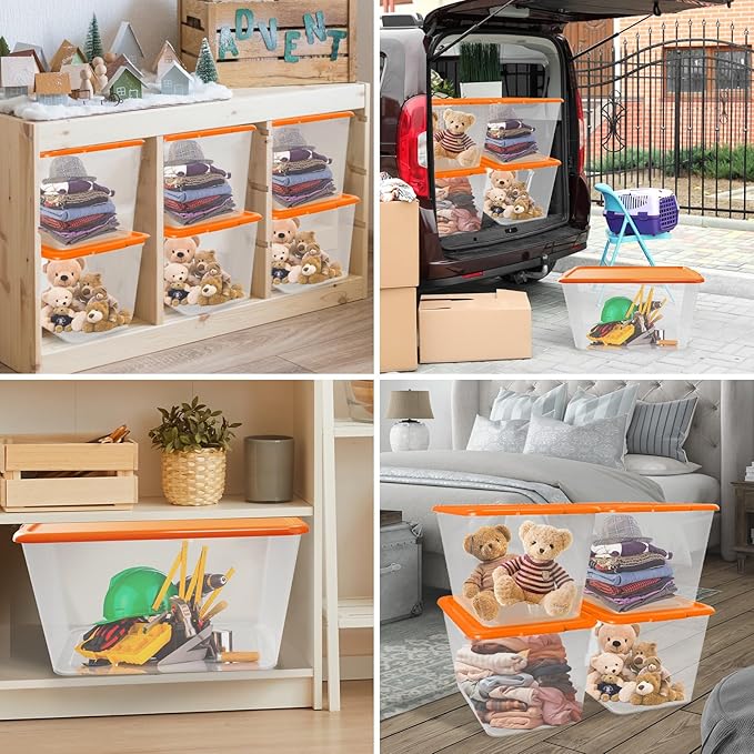 Storage Totes with Lids - Made in USA 14.5-Gallon (58-Quart) 4-Pack storage bins with lids plastic storage containers large storage boxes for Organizer Orange/Clear