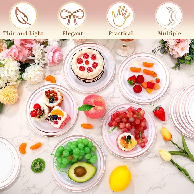 200 Pieces Disposable Plates Plastic Party Plates with Rim Hard Plastic Appetizer Salad Dessert 7.5 Inch Elegant Heavy Duty Tableware for Dinner Wedding Party Supplies(Rose Gold Rim)