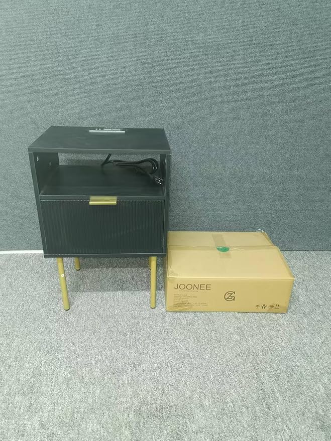 Modern Nightstand with Charging Station and LED Lights, Black Nightstand with Drawer, Fluted Nightstand for Living Room, Bedroom