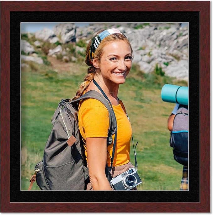 10x10 Frame with Mat - Brown 13x13 Frame Wood Made to Display Print or Poster Measuring 10 x 10 Inches with Black Photo Mat