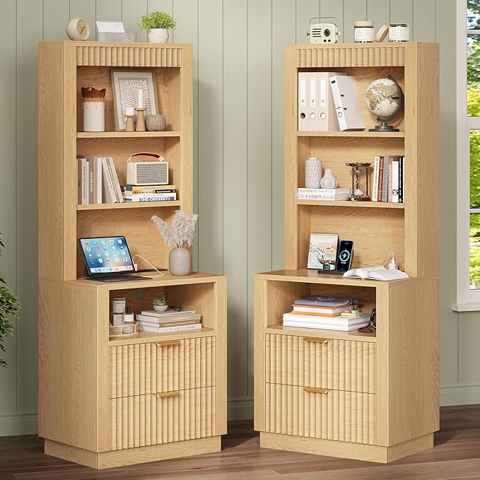 ADORNEVE Tall Fluted Nightstand Set of 2, Side Table with Drawers & Open Shelf, Mid Century Modern Night Stand with Metal Handle, Bedside End Table for Bedroom,Living Room,Natural Oak