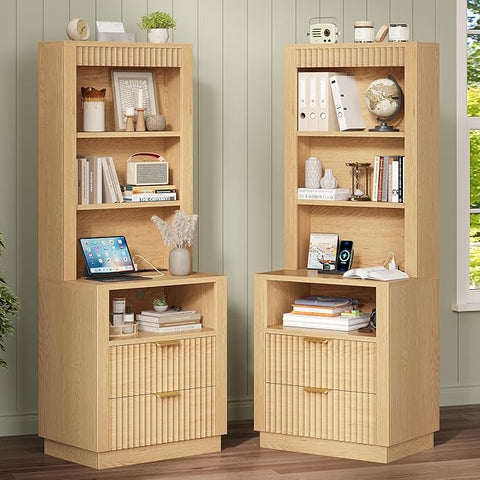 ADORNEVE Tall Fluted Nightstand Set of 2, Side Table with Drawers & Open Shelf, Mid Century Modern Night Stand with Metal Handle, Bedside End Table for Bedroom,Living Room,Natural Oak