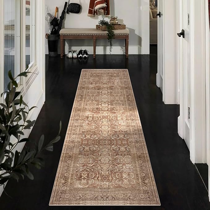 vivorug Brown Runner Rug 2x10 Machine Washable Rug with Non-Slip Backing, Ideal for Kitchen Hallway Entryway Laundry Room - Vintage, Durable, Easy Clean, Low Pile Carpet Runner