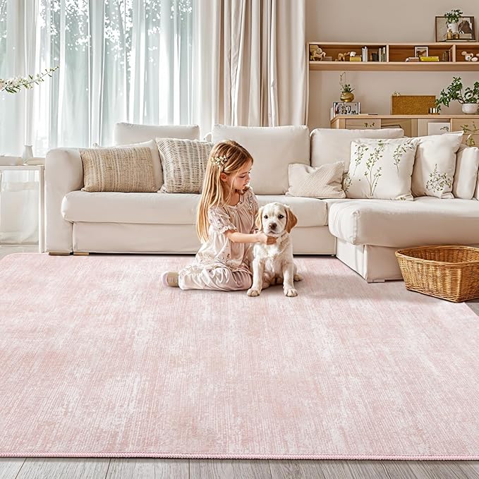 Washable Rug 6x9 Area Rugs for Living Room - Stain Resistant Non-Slip Backing Boho Rug for Bedroom,Durable & Ultra-Thin Vintage Large Area Rug(6x9,Pink)