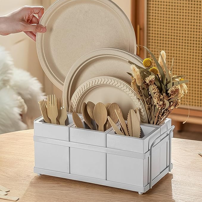 PTSTING Silverware Caddy White Wood Flatware Holder Paper Plate Dispenser Silverware Utensil Caddy Cutlery Flatware Organizer Box for Spoons Forks Plates Napkins