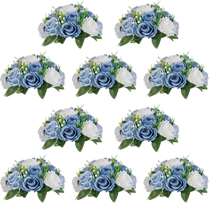 NUPTIO Flower Ball Arrangement Bouquet - 10 Pcs 9.5 inch Diameter Dusty Blue Fake Flowers Roses Balls for Centerpieces Tables - Artificial Rose Arrangements for Wedding Centerpiece Table Decorations