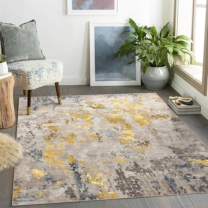 vivorug Washable Rug, Ultra Soft Area Rug 8x10, Non Slip Abstract Rug Carpet, Stain Resistant Rugs for Living Room Bedroom, Modern Fluffy Rug (Grey/Mustard, 8'x10')