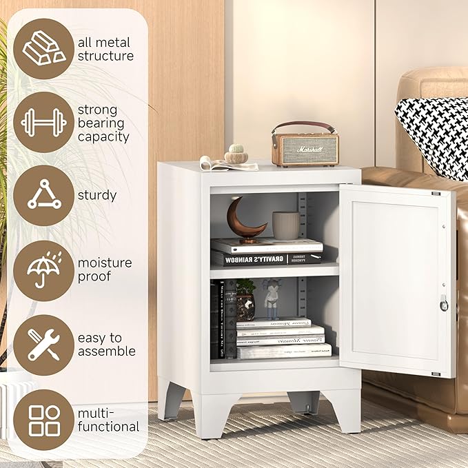 Metal NightStand Storage Cabinets with Lock and Adjustable Shelf,Metal Lockable End Table,Small Side Table,Bedside Table for Home, Office,Living Room,Garage, School(Assembly Required/White)