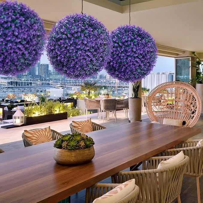 2 PCS 16 Inch Artificial Plant Purple Topiary Ball, Anti-Fading Faux Decorative Boxwood Balls, Hanging Fake Plants Balls for Garden, Wedding Party, Patio Indoor Outdoor Decor (Blue)